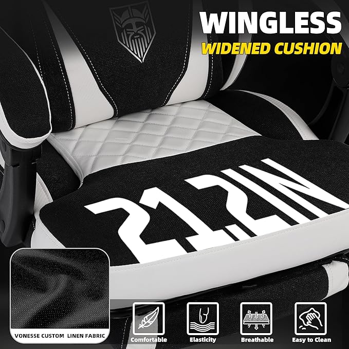 Vonesse Gaming Chair, Reclining Fabric Gaming Chairs for Adults 250LBS, Office Chair with Pocket Spring Cushion, Computer Chair with Footrest and Massage Lumbar Support (White/Black)