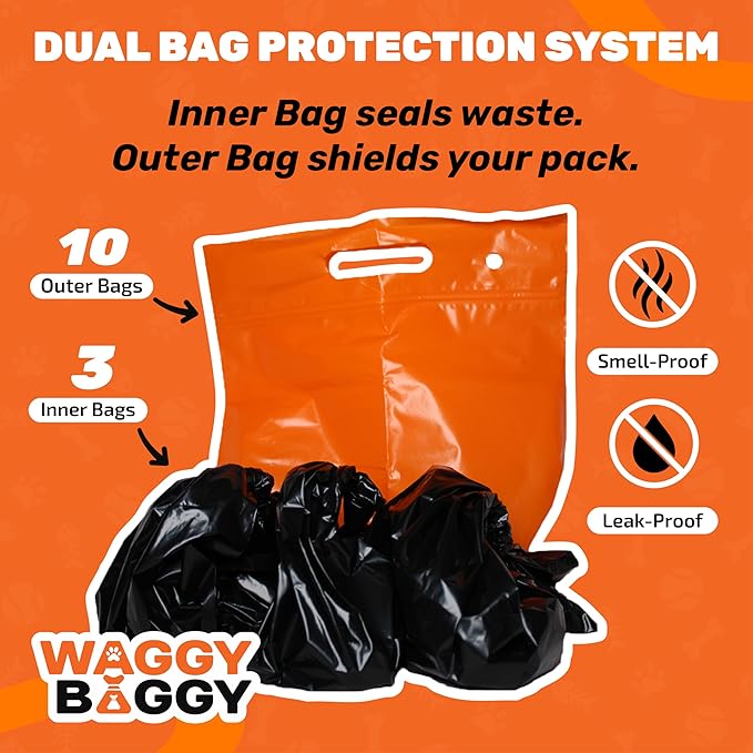 Cleanwaste Waggy Baggy, Adventure Ready Dog Waste Bags with Smell-Proof, Dual Bag System, with Convenient Carry Handle, 10ct