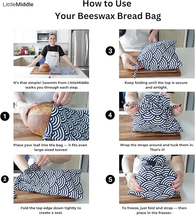 2 XL Beeswax Bread Bags for Homemade Bread, Reusable Cotton and Beeswax Storage for Sourdough or Artisan Loaves, Keeps Bread Fresh Longer, Freezer Safe, 12.6" x 16.7"