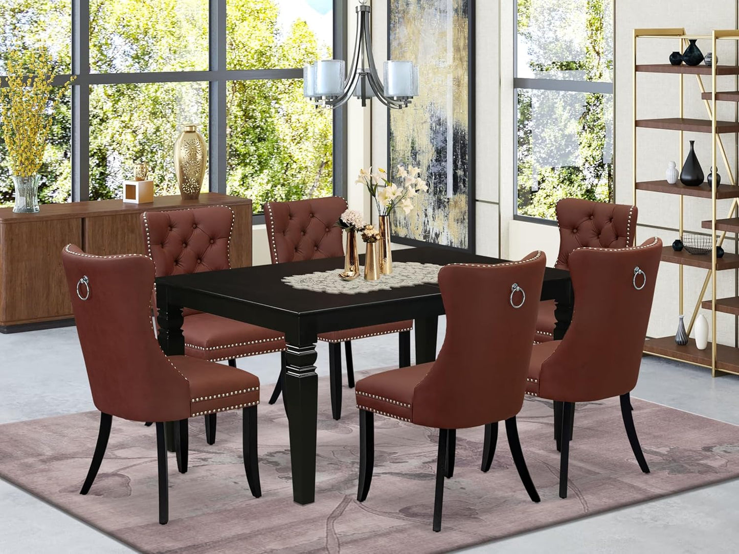 East West Furniture LGDA7-BLK-26 7 Piece Dining Table Set Contains a Rectangle Kitchen Table with Butterfly Leaf and 6 Polyester Fabric Upholstered Chairs, 42x84 Inch, Black