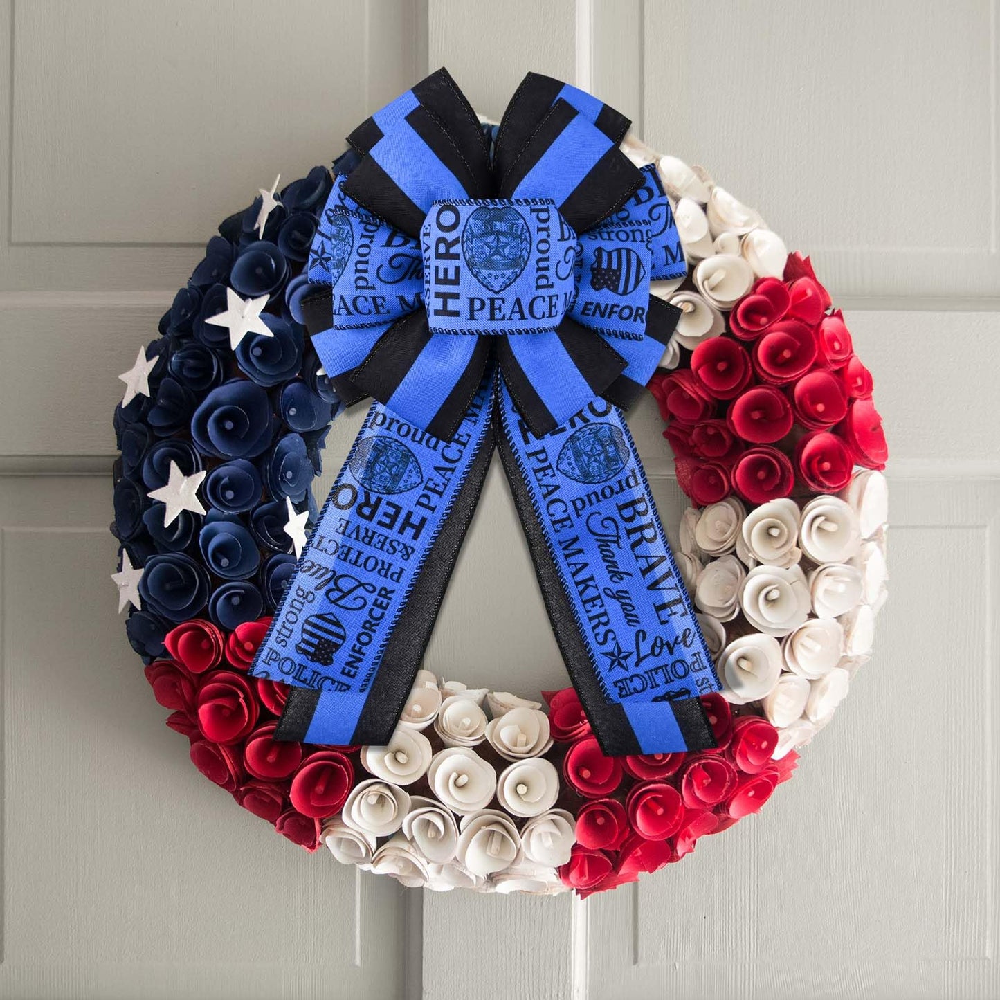 2 Rolls 20 Yards Police Support Wired Edge Ribbon, 2.5"Blue Black Stripe Police Badge Burlap Ribbon Memorial Day Patriotic Ribbons for Wreath Bow Making Police Support Decorations Supplies DIY Crafts
