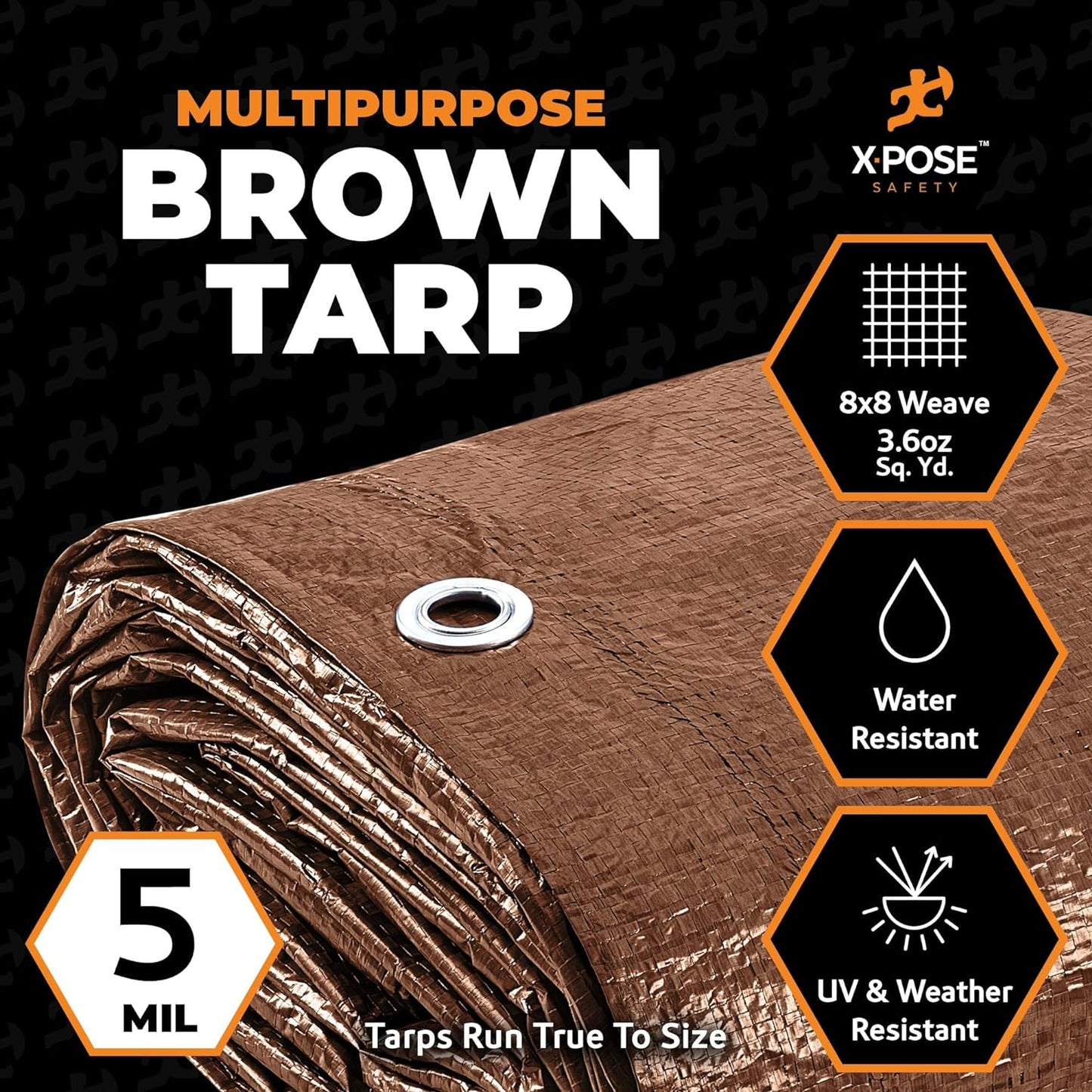 Multipurpose Protective Cover Brown Poly Tarp 12' x 16' - Durable, Water Resistant, Weather Resistant - 5 Mil Thick Polyethylene - by Xpose Safety