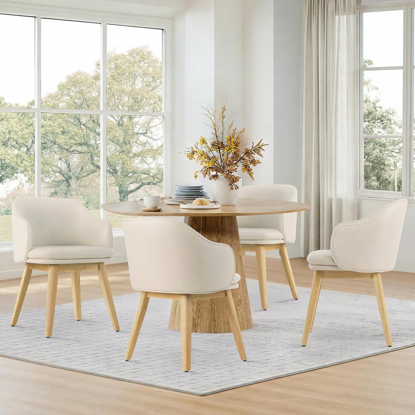 Wooden Dining Chairs Set of 2, Faux Leather Upholstered Modern Dining Room Chairs with Barrel Backrest & Double-Layer Thick Cushion for Living Room, Restaurant, Kitchen and Café, Beige