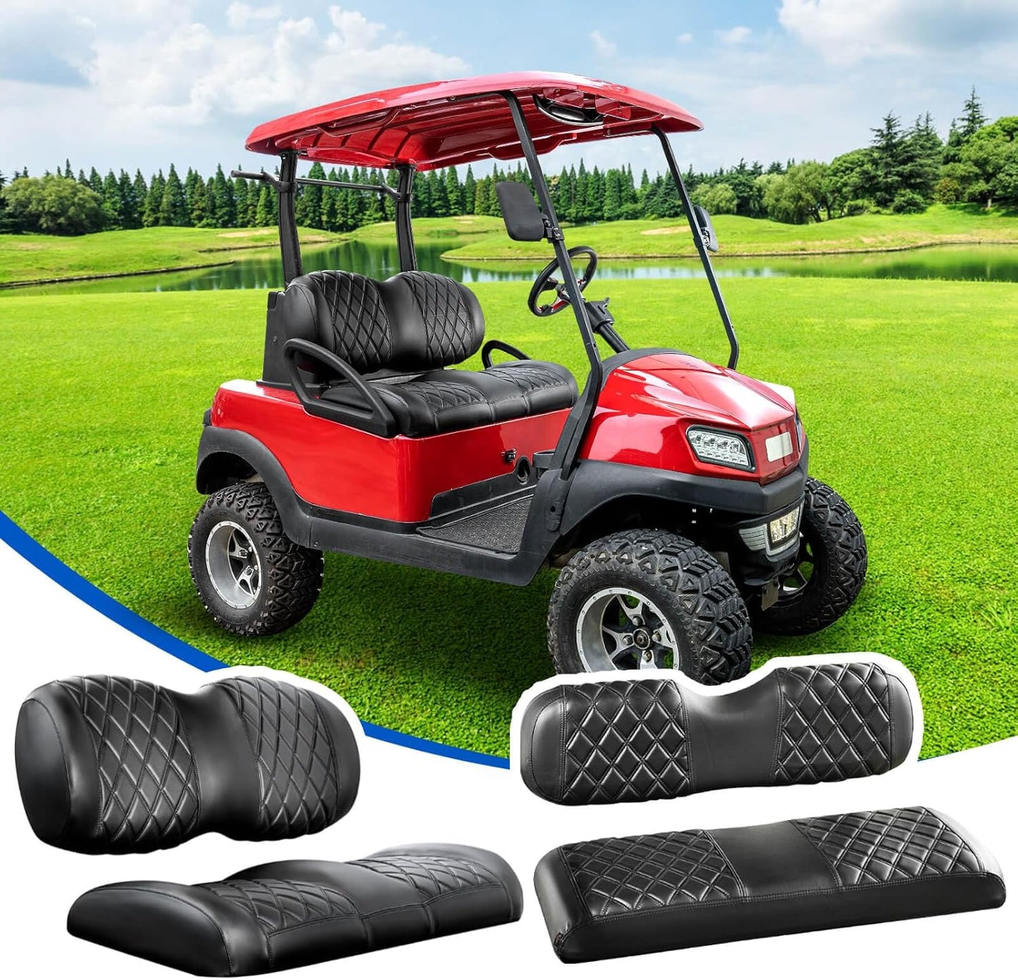 NOKINS Golf Cart Front&Rear Seat Covers Kit, Front Seat Covers Fits Club Car Precedent/Tempo/Onward Premium Seat Cushion, Rear Seat Covers Fits Aftermarket Standard Cushion (Black&Black Stitch)