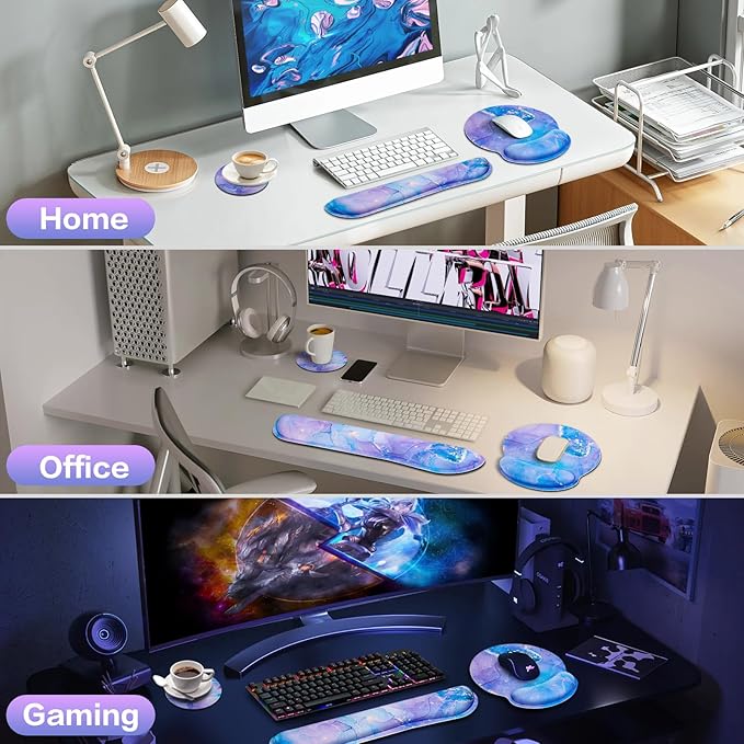 Mouse Pad Purple, Mouse Pad with Wrist Rest Set, 3-in-1 Wrist Support Mousepad Set,Gaming with Anti-Skid Base,Ergonomic Memory Foam Keyboard Gel Wrist Rest