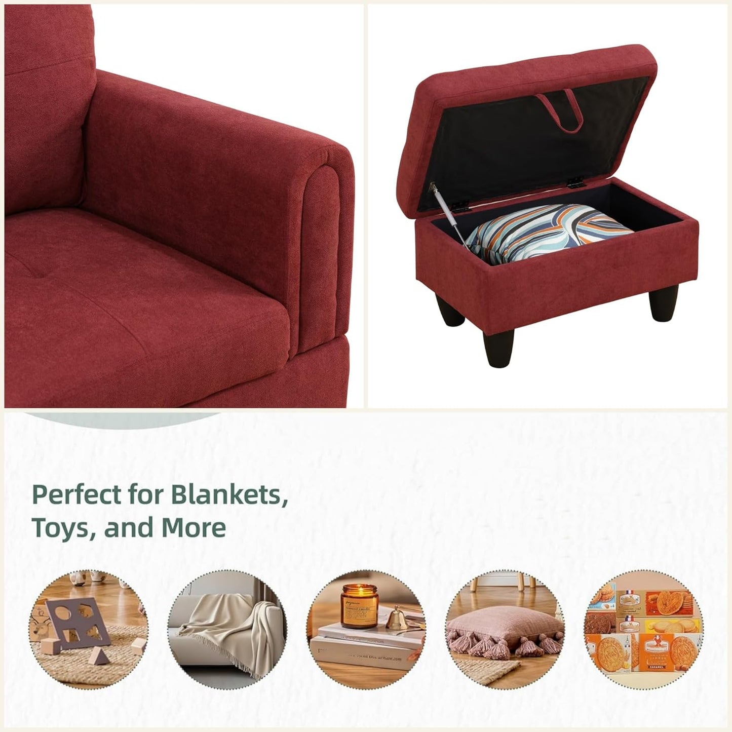 L Shaped Sectional Couches for Living Room, Modern Modular Sectional Sofa with Ottoman Storage, Comfy L Shaped Couch with Chaise for Bedroom Apartment Furniture, Red