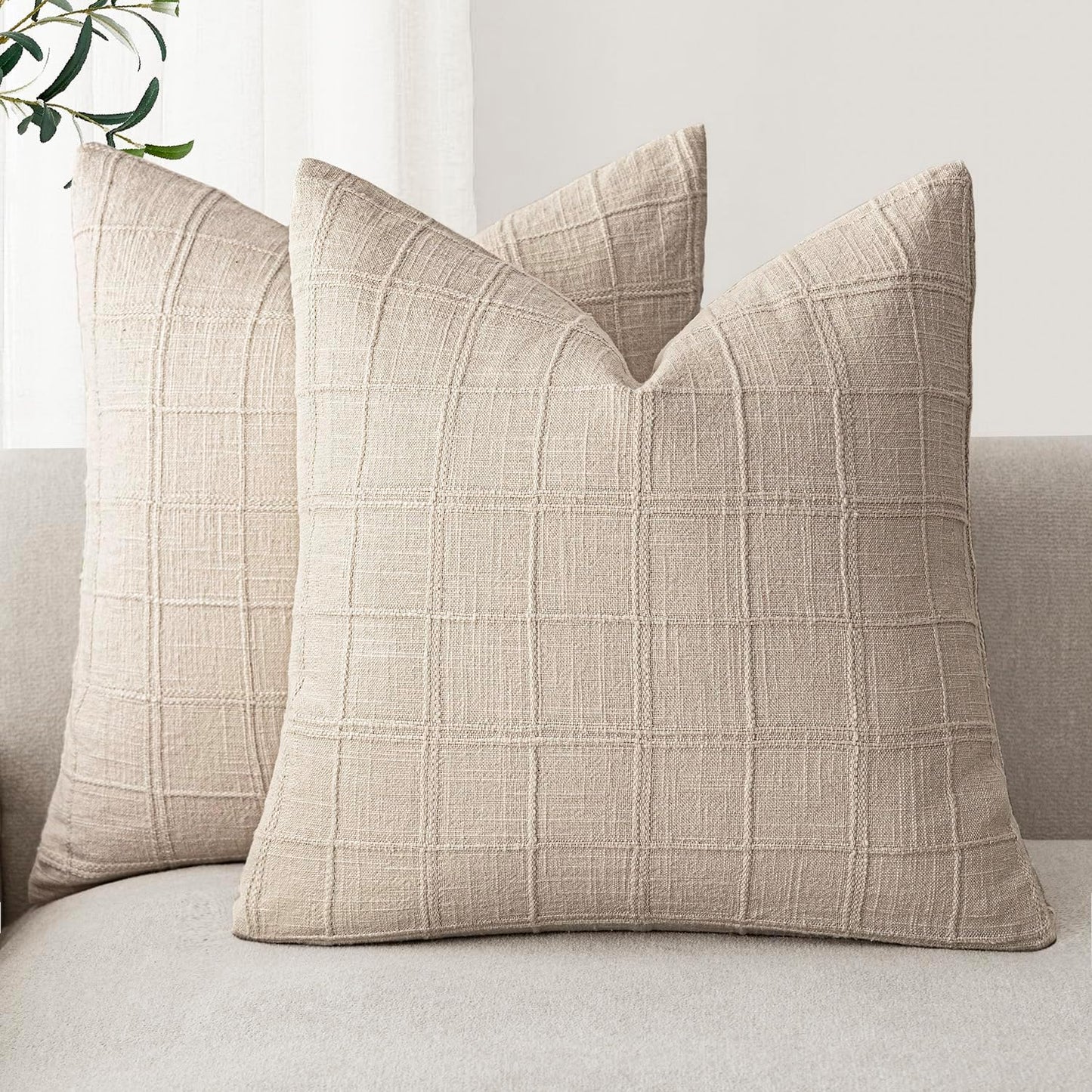 Foindtower Set of 2 Decorative Linen Check Throw Pillow Covers Neutral Farmhouse Vintage Cushion Covers Modern Boho Home Decor For Sofa Chair Couch Bedroom Living Room Outdoor,16×16 Inch,Natural Linen