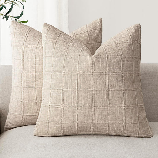 Foindtower Set of 2 Decorative Linen Check Throw Pillow Covers Neutral Farmhouse Vintage Cushion Covers Modern Boho Home Decor For Sofa Chair Couch Bedroom Living Room Outdoor,26×26 Inch,Natural Linen