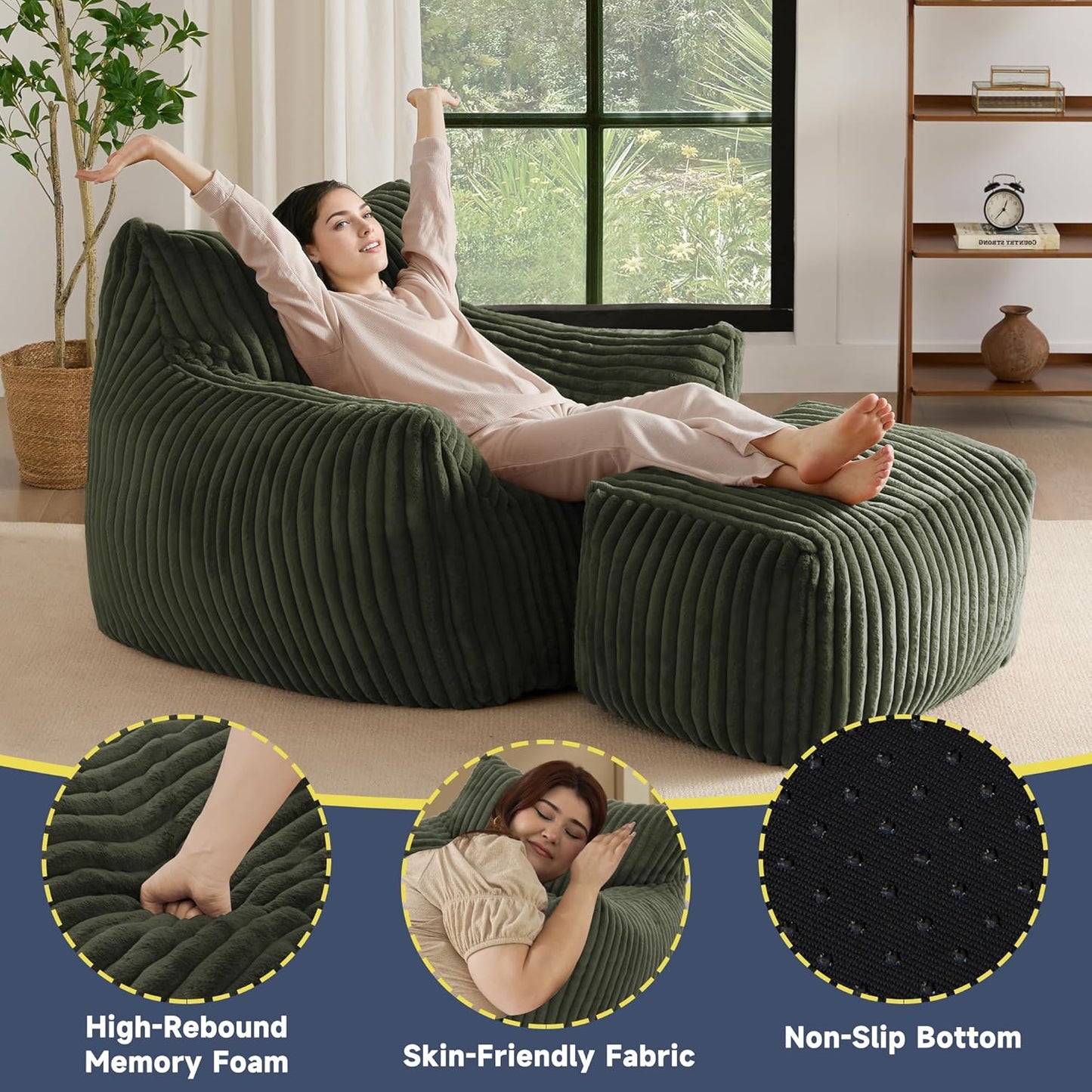 Giant Bean Bag Chairs for Adults, Oversized Chaise Lounge Chair Indoor with Memory Foam - Plush Boneless Lounger & Ottoman for Bedroom, Living Room, Gaming & Reading, Lazy Floor Sofa Chair, Green