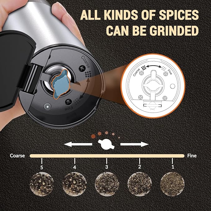 [Upgraded Larger Capacity]Electric Salt and Pepper Grinder Set, USB Rechargeable Automatic Salt and Pepper Shakers Sets with Visual Power Reminder, 4oz Large Capacity with Adjustable Coarseness