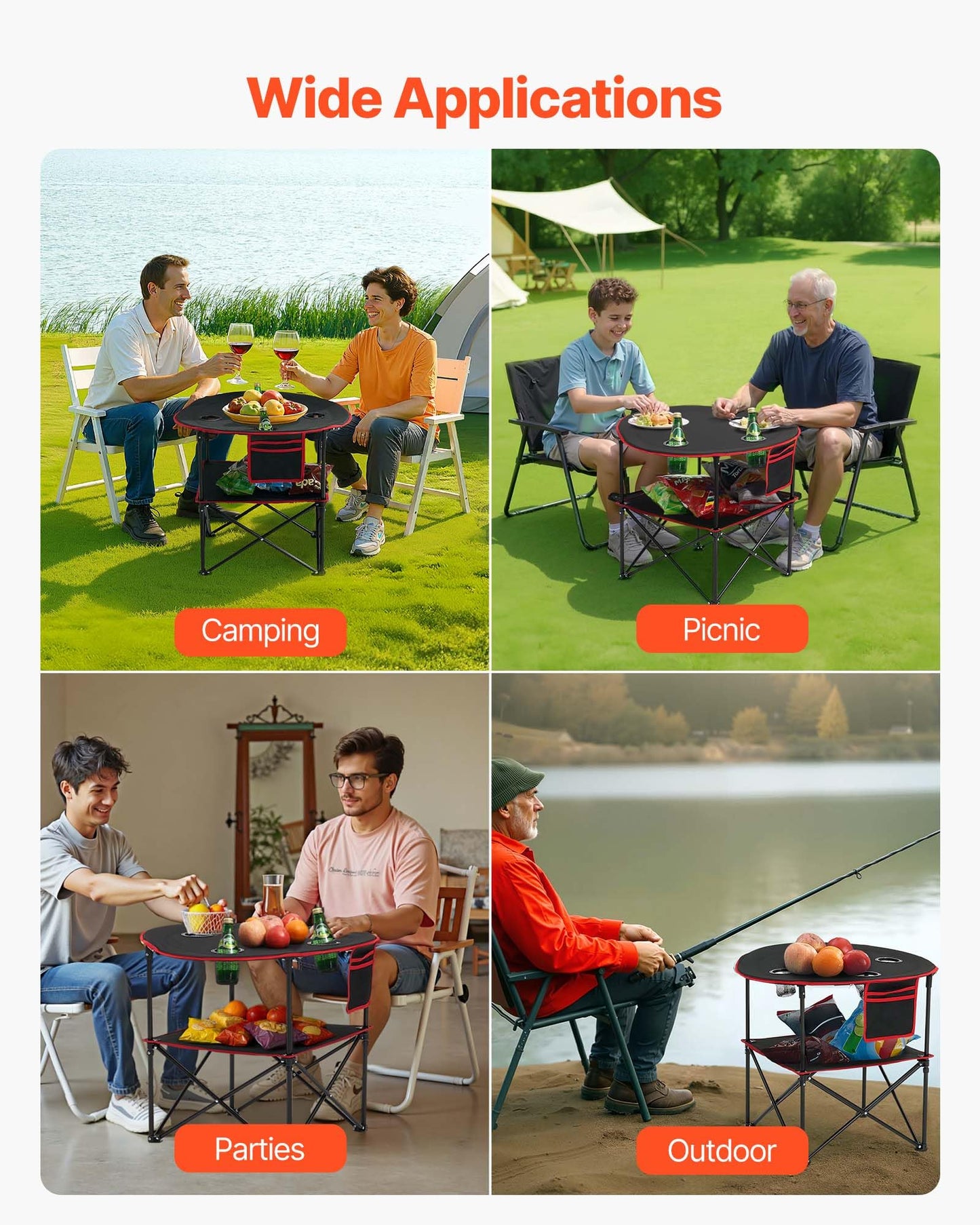 VEVOR Folding Camping Table, Portable Outdoor Lightweight Picnic Table, 600D Oxford Fabric Waterproof Canvas Travel Beach Tables, with 4 Cup Holders, Carry Bag, for Tailgating Camping Picnic, Black