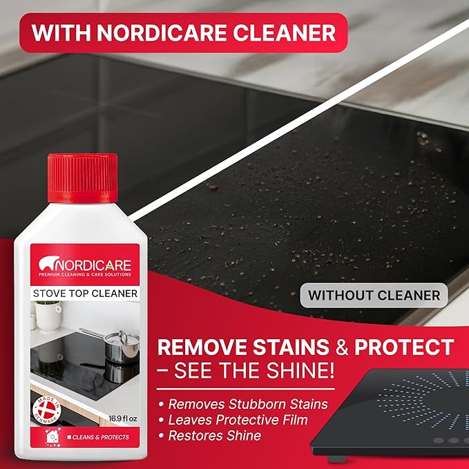 Nordicare Stove Top Cleaner Glass Ceramic - Induction Cooktop Cleaner Polish And Protector For Everyday Use - No Scrubbing Pad Needed - Leaves Protective Film - Made In Denmark (16.9oz)