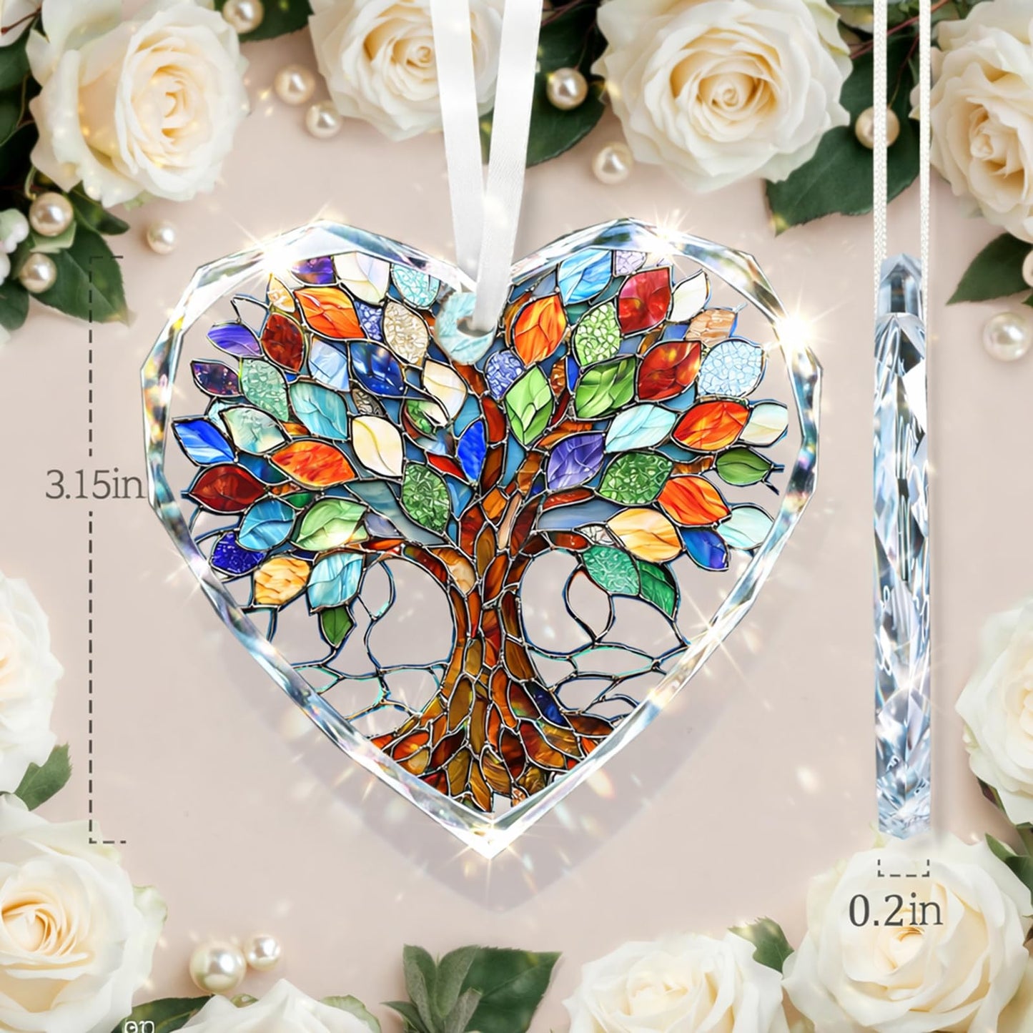 Tree of Life Stained Glass Ornament Christmas Tree Decorations Heart Shape Crystal Ornaments Holiday Presents Idea Car Hanging Ornaments Unique Keepsale for Mom Wife Friend Sister