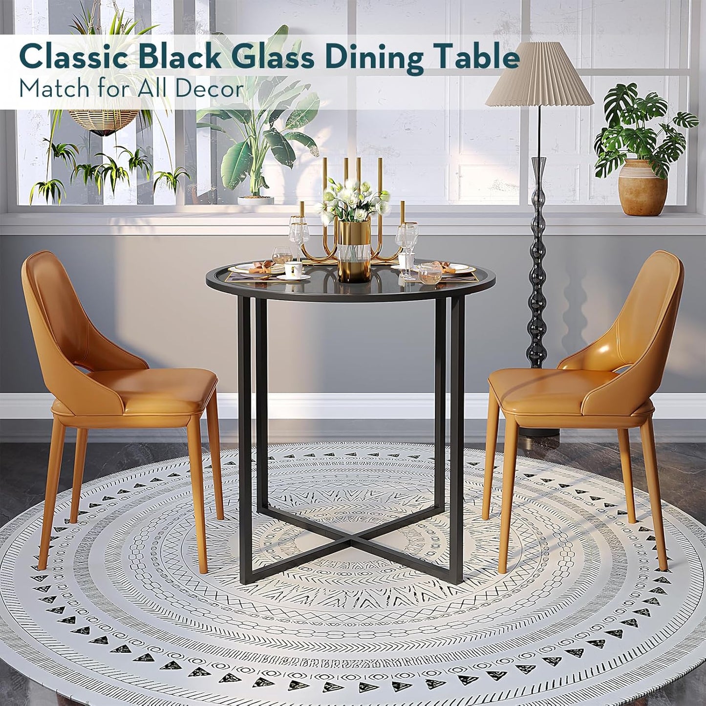 SAYGOER Small Round Dining Table for 2,Glass Circle Kitchen Dinner Table,26.7'' Multifuntional Modern Desk for Dining Room,Office,Kitchen,Apartment,Easy Assembly, All Black