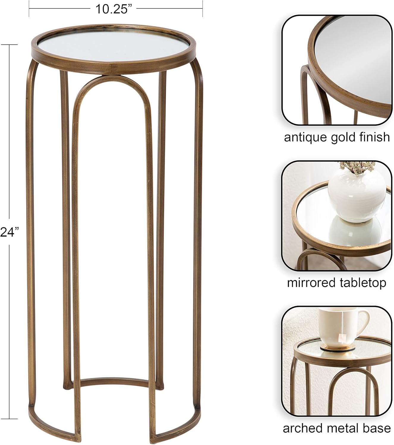 Kate and Laurel Pomeroy Vintage Decorative Drink Table; 11 x 11 x 24; Mirrored Glass and Antique Gold; Traditional Glam Pedestal Table with Arched Base and Round Tabletop