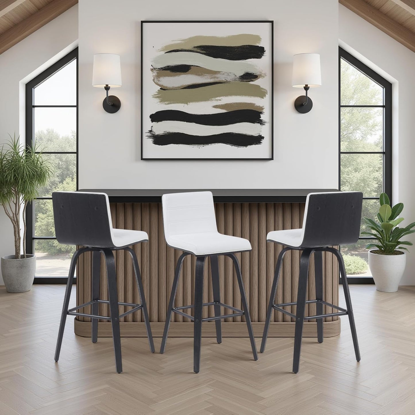 Vienna Modern Swivel Bar Height Stool with Snow White Faux Leather Seat and Black Brushed Wood Frame Set of 2