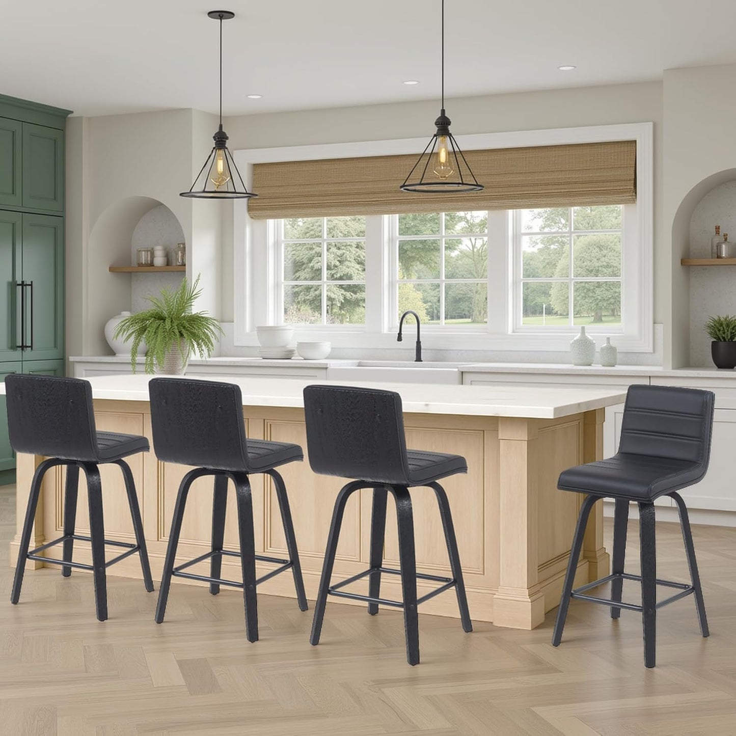 Vienna Modern Counter Height Swivel Bar Stool with Black Faux Leather Seat and Black Brushed Wood Frame Set of 4