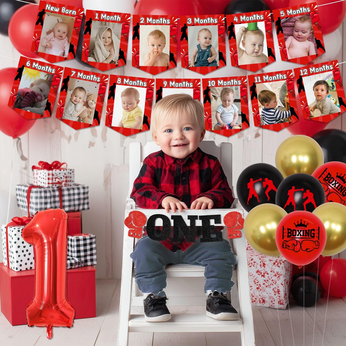 Boxing 1st Birthday Decorations Red Black Boxing Theme Happy Birthday Banner, Photo Banners, High Chair Banner, Round One Cake and Cupcake Toppers, Number 1 Balloons Kit for Boys First Bday Party