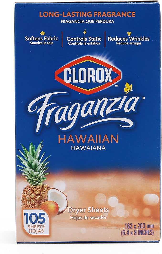 Clorox Fraganzia Fabric Softener Dryer Sheets, Hawaiian Scent - Wrinkle Reducing Scented Softening Laundry Dryer Sheets for Great Smelling Clothes, 105 Count