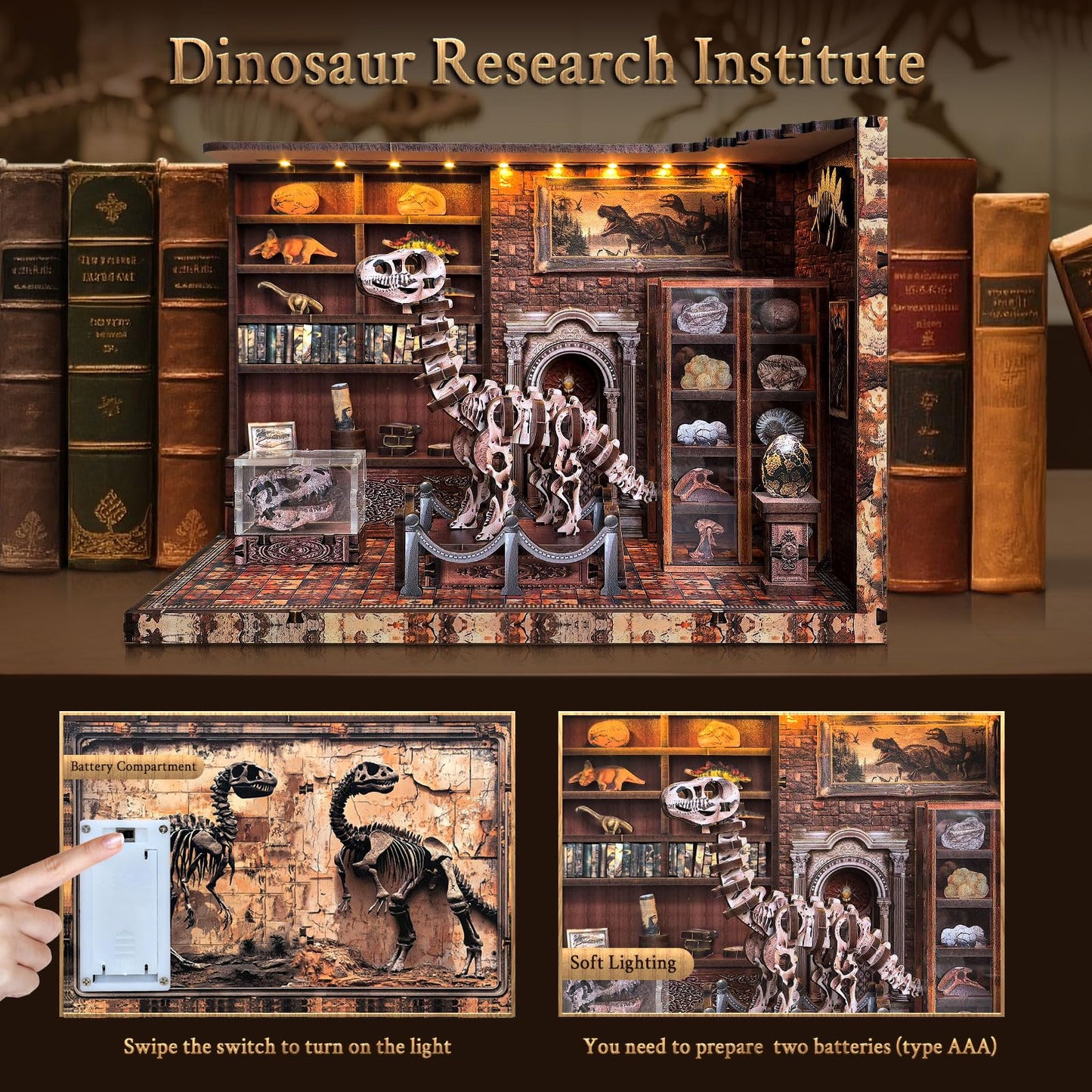 FLYINTOYS Book Nook Kit, DIY Miniature Dollhouse Booknook Kit for Adults and Teens, 3D Wooden Puzzle Bookshelf Crafts Kits with LED Light for Family and Friends (Dinosaur Research Institute)