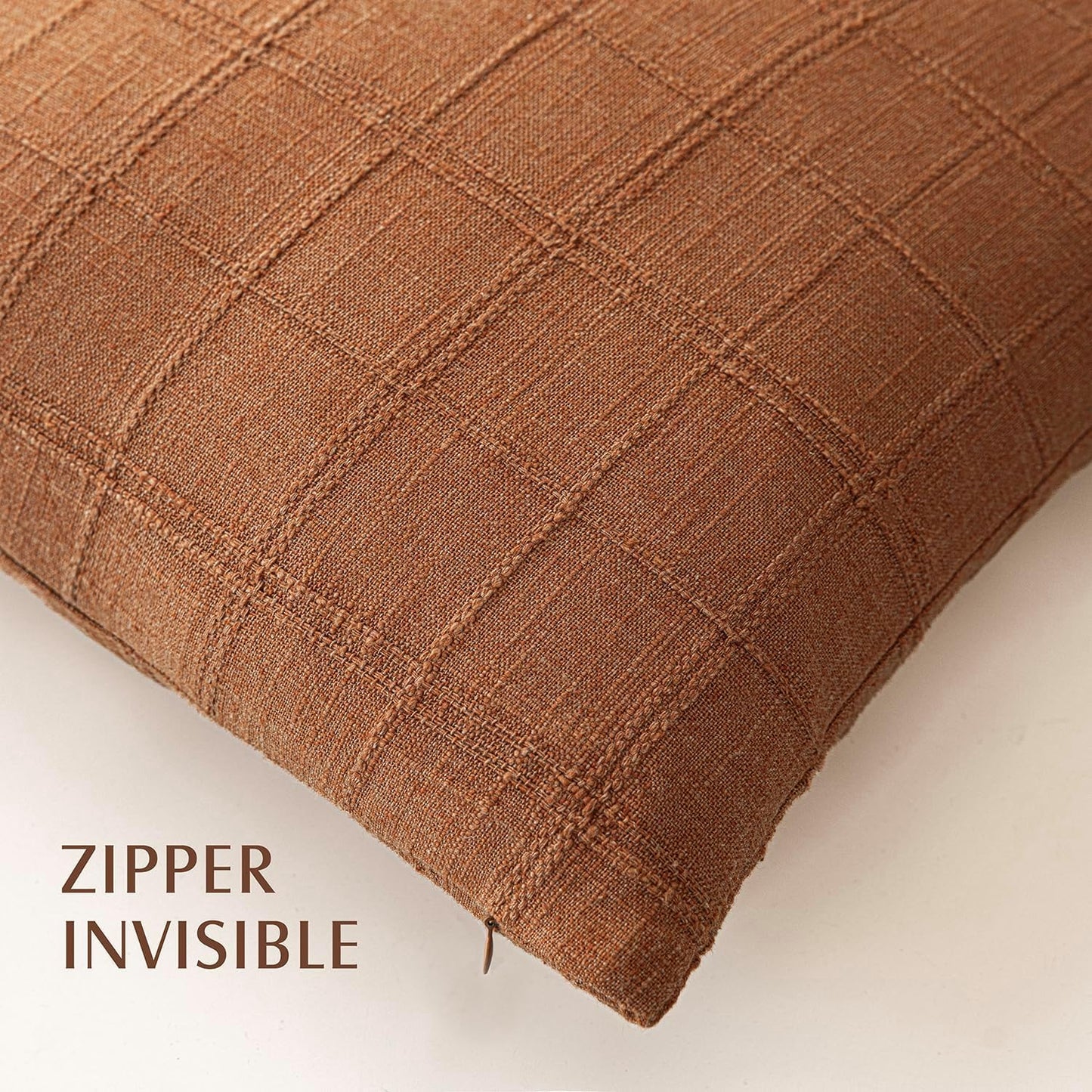 Foindtower Set of 2 Decorative Linen Check Throw Pillow Covers Neutral Farmhouse Vintage Cushion Covers Modern Boho Home Decor for Sofa Chair Couch Bedroom Living Room Outdoor,22×22 Inch,Orange