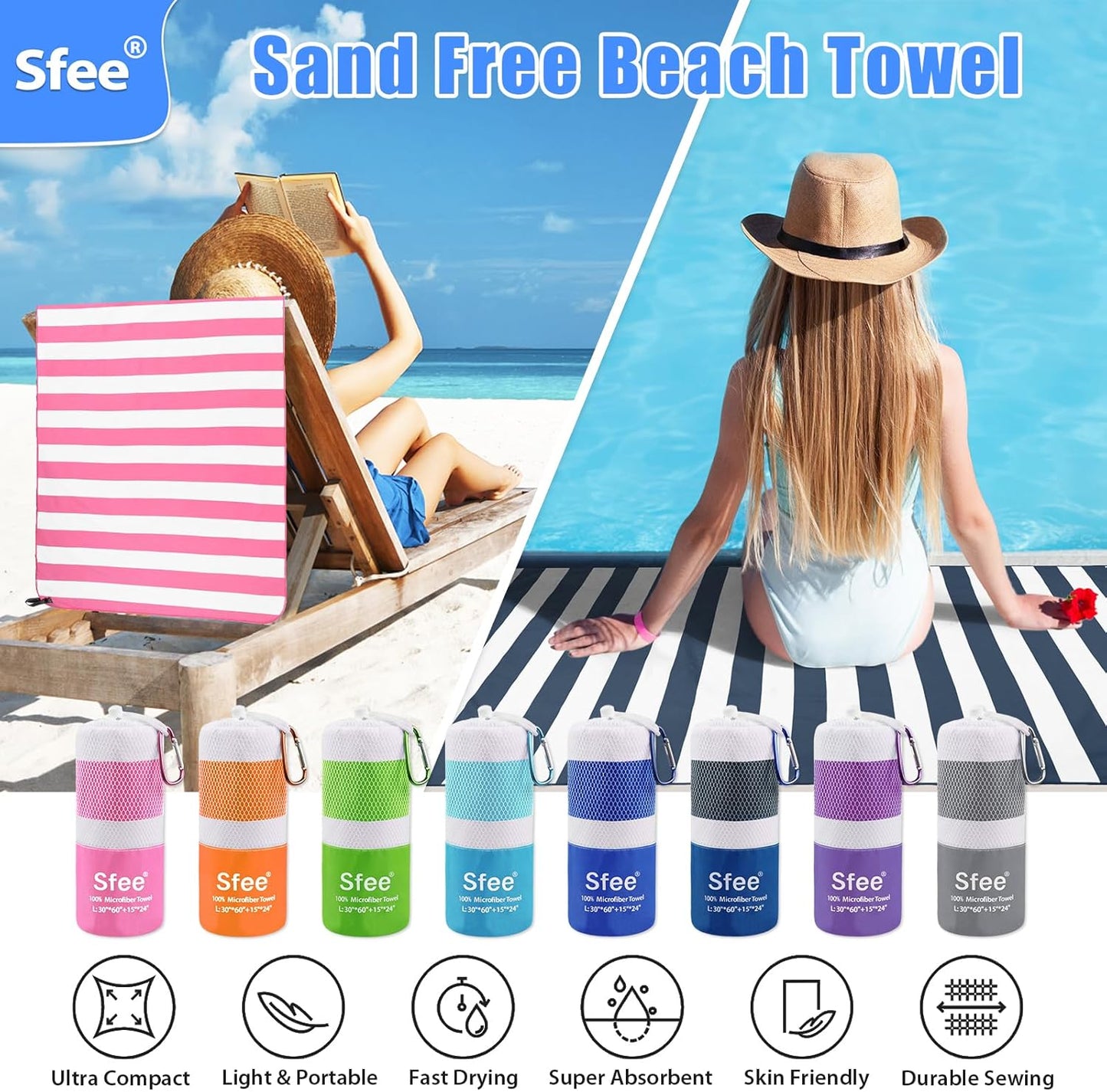 Sfee 2 in 1 Microfiber Beach Towel, Quick Dry Towel Camping Travel Towel Super Absorbent Compact Lightweight Sports Gym Towel Set for Beach, Gym, Hiking, Pool, Backpacking, Bath, Yoga