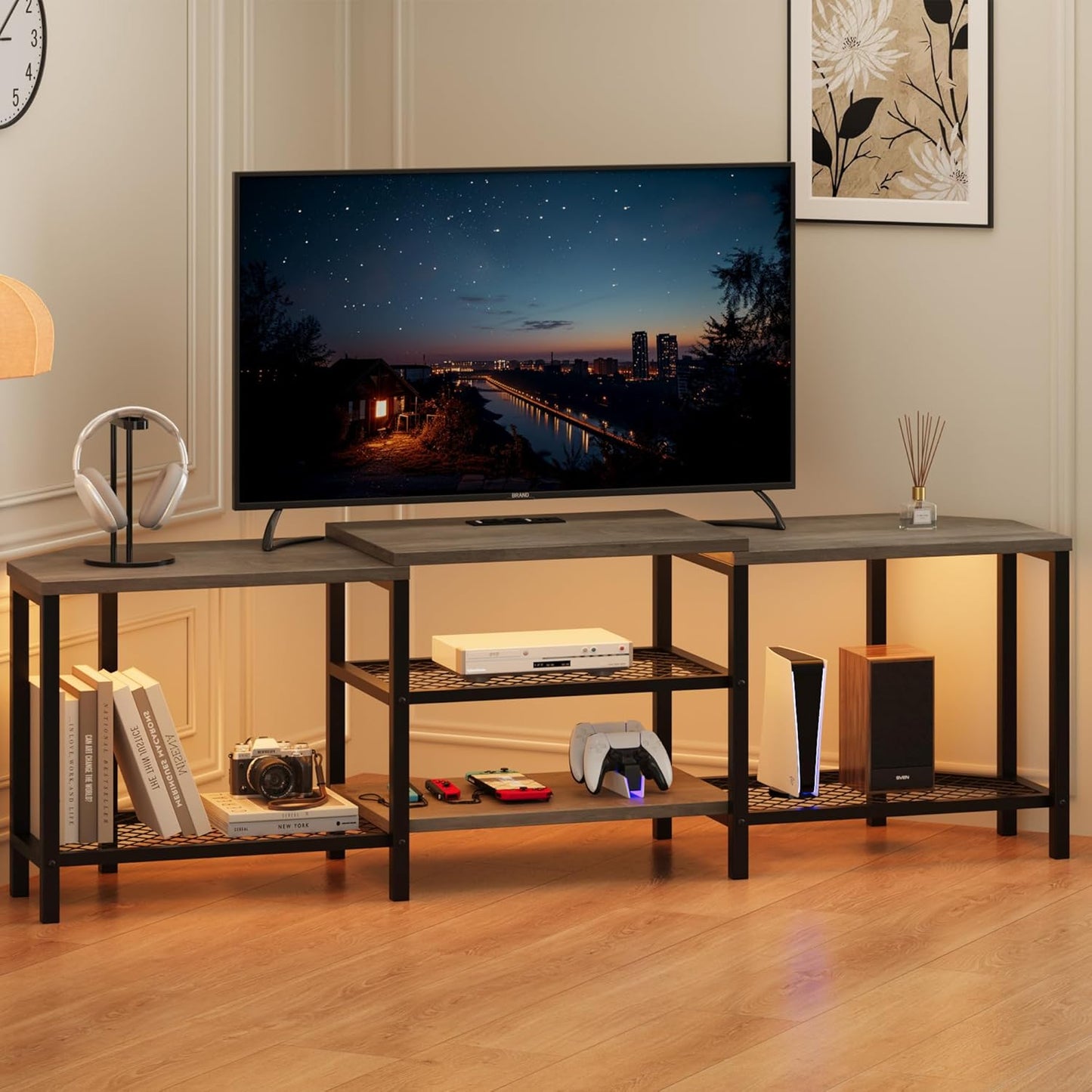 GarveeHome 67 Inch Large TV Stand with LED Lights for 55/65/75 Inch TV, Corner Entertainment Center with Power Outlets, 4 Open Storage Shelves, Media Console for Living Room, Bedroom, Grey