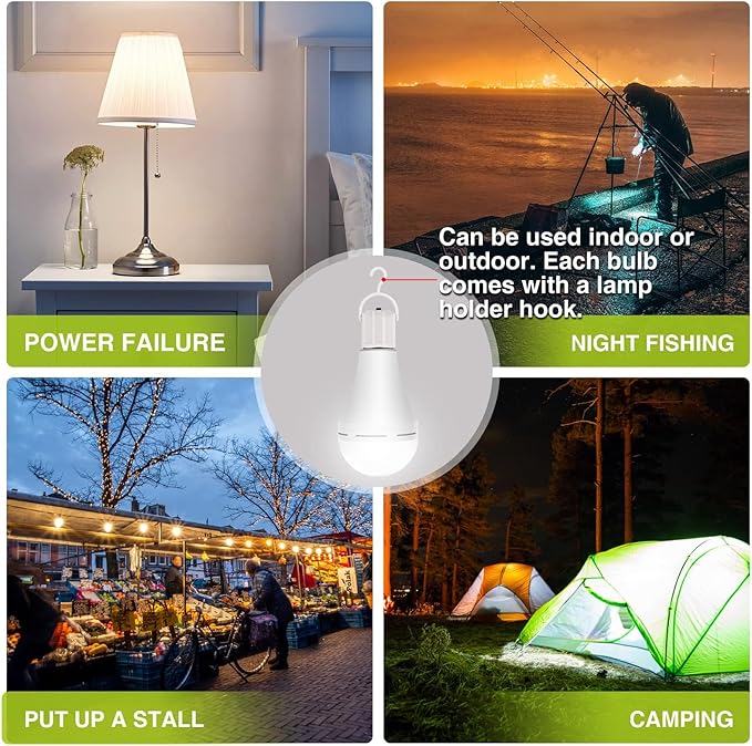 Neporal 4 Pack Emergency-Rechargeable-Light-Bulb, Stay Lights Up When Power Failure, 1200mAh 15W 80W Equivalent LED Light Bulbs for Home, Camping, Tent (E27, with Hook) (Daylight)
