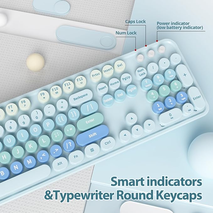 Wireless Keyboard and Mouse Set, Retro Typewriter Keyboard, 2.4GHz Full Size 104-Key Cute Keyboard with Number Pad, Colorful with Round Keycaps for Windows PC Laptop(Blue)