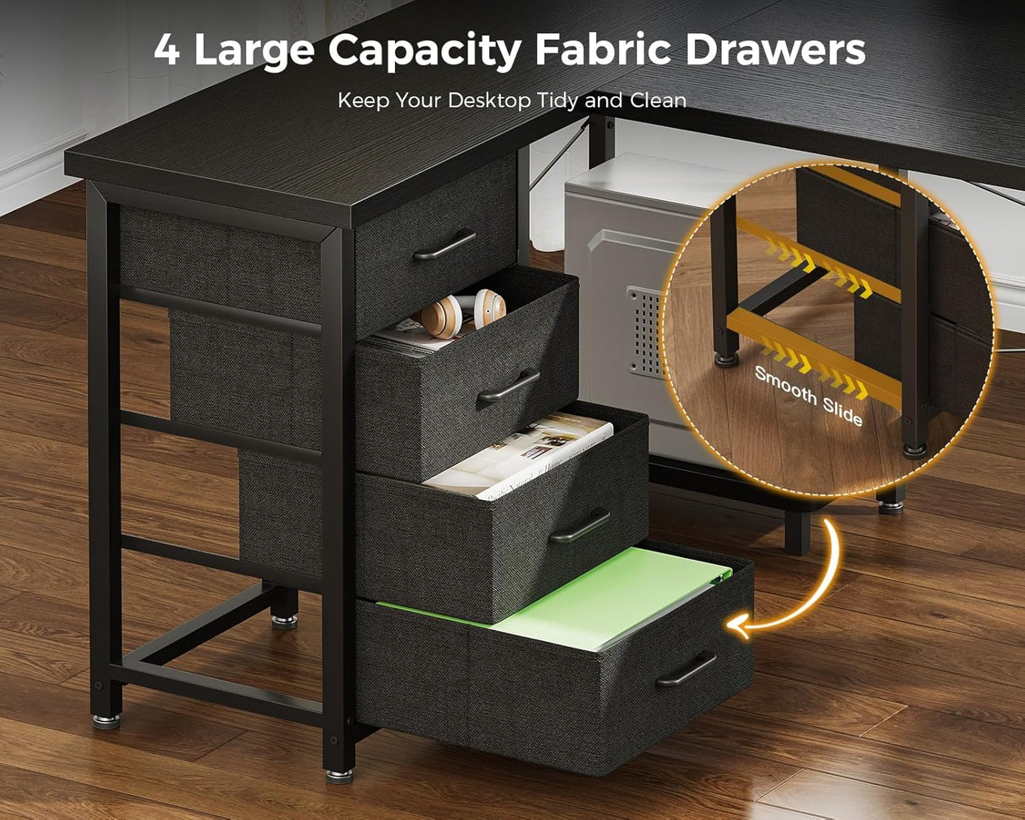 AODK L Shaped Gaming Desk with 4 Drawers, 53" Reversible Home Office Desks with Power Outlets, L Shaped Computer Desk with USB Charging Port and Host Stand, Corner Desk, Easy to Assemble, Black