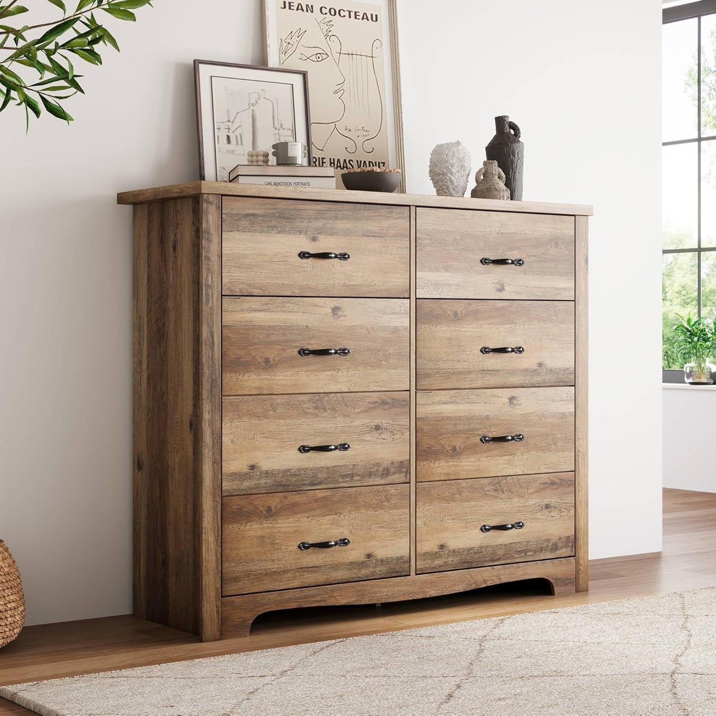 LINSY HOME 8 Drawers Dresser for Bedroom, 47" Wide Wood Dressers & Chests of Drawers, 40" Tall Modern Farmhouse Storage Dresser with Antique Handles for Closet, Living Room, Hallway, Rustic Brown