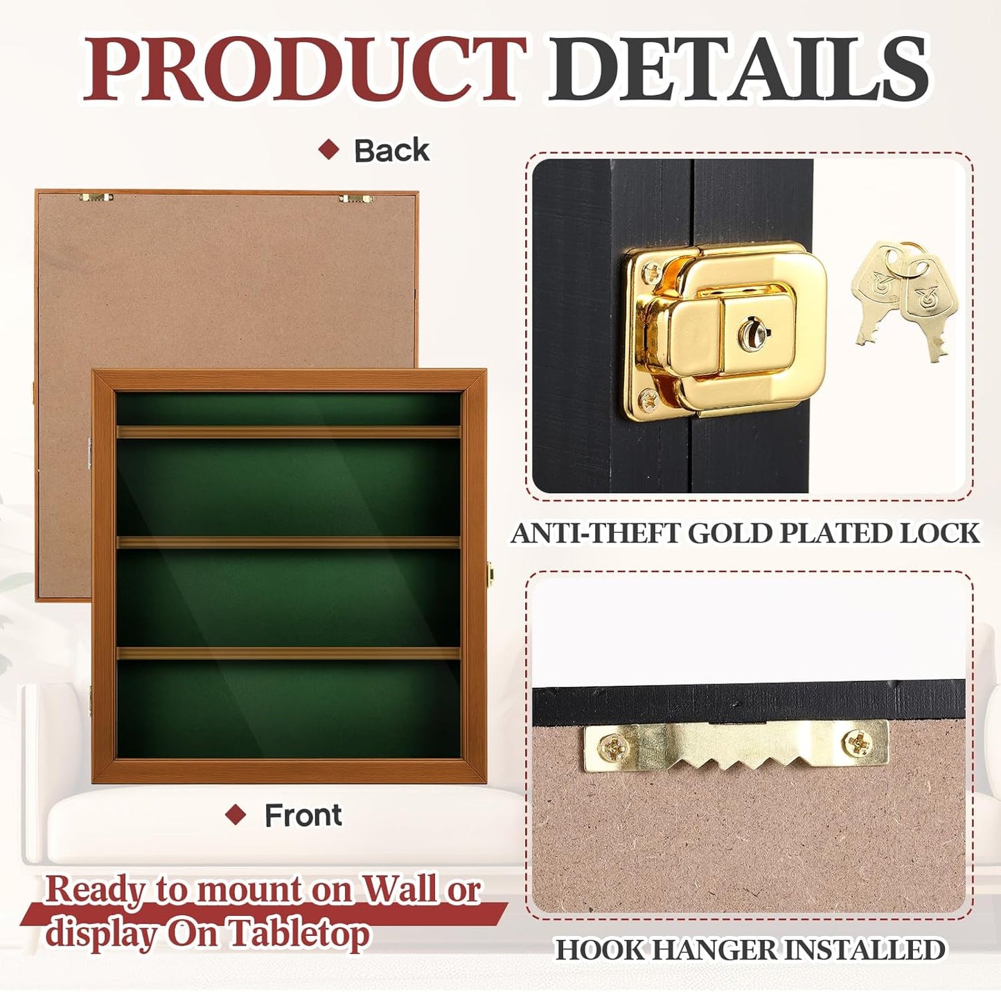 Golf Bag Tag Collection Display Case Holds 40 Bag Tags 16.54 x 15.35 x 1.77 Inch Wall Mount Wooden Shadow Box W/98% UV Acrylic Door Lockable Storage Display Box for Collection
