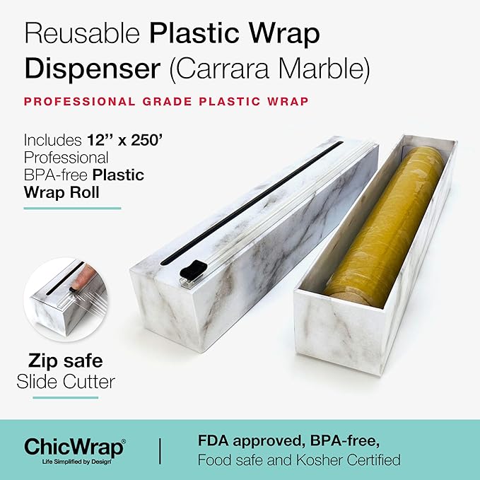 Chicwrap Carrara Marble Refillable Plastic Wrap Dispenser - One 12" x 250' Roll of Professional Grade Plastic Wrap - BPA Free and Kosher Certified - Reusable Dispenser w/Slide Cutter