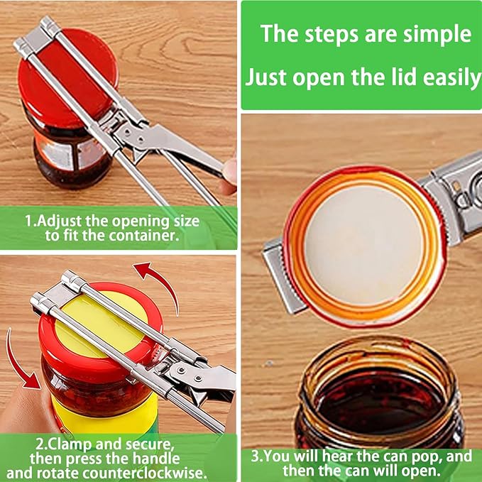 2026 Upgrade Adjustable Stainless Steel Jar Opener, New Jar Opener for Weak Hands, Multifunctional Lid Gripper & Bottle Opener with Handle, Easy-Open Kitchen Tool for Seniors and Kids (3 Pcs)