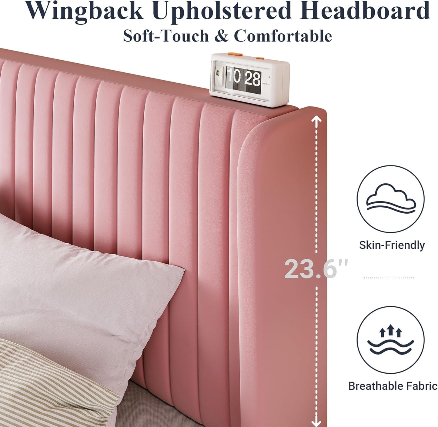 Allewie Queen Size Velvet Bed Frame/Vertical Channel Tufted Wingback Headboard/Upholstered Platform Bed/Strong Wooden Slats/No Box Spring Needed/Easy Assembly/Pink