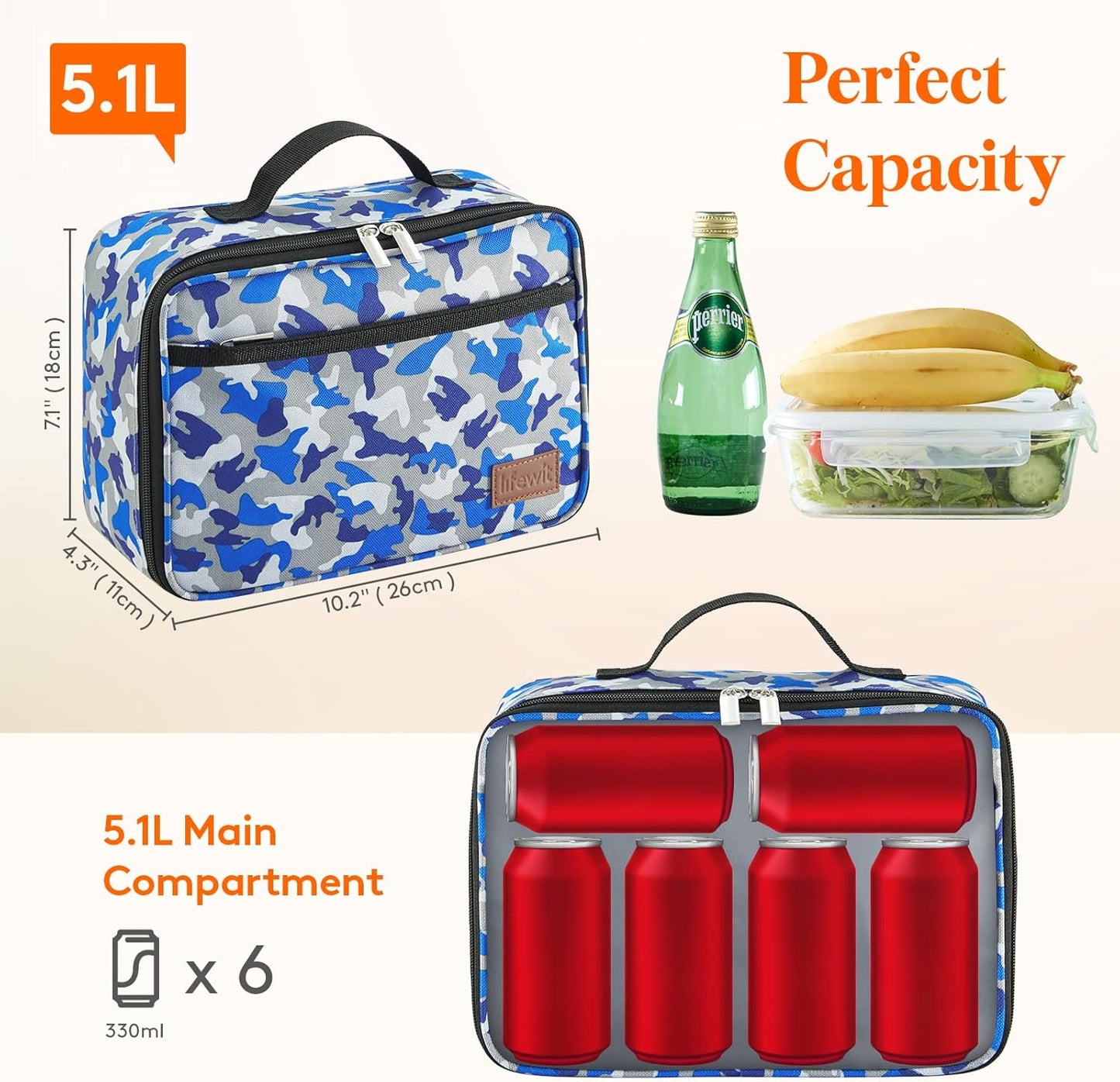 Lifewit Freezable Lunch Box, Insulated Reusable Lunch Bag with 2 Ice Packs, Mini Cooler Snack Bag for Bento Box for Salad, Sandwich, Snacks fo Men Women for Work, Blue Camo 5L