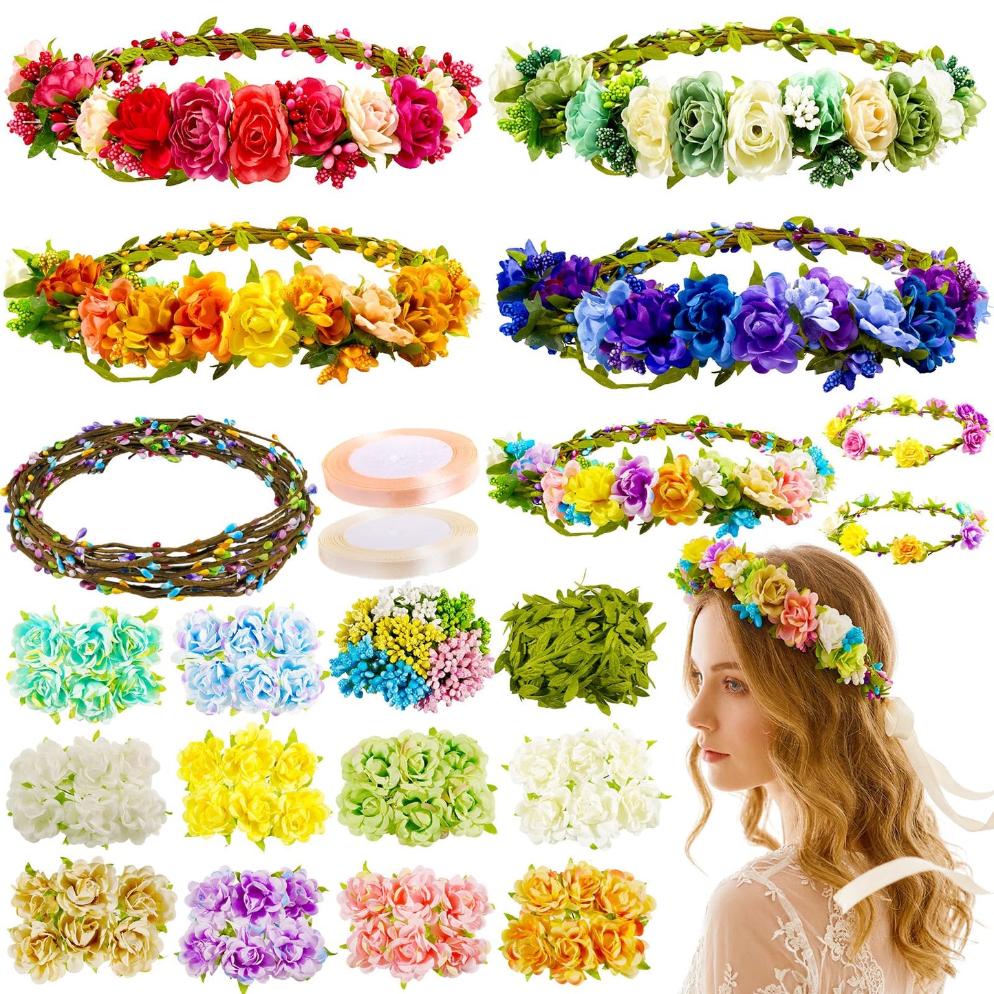 Pattyeer 153Pcs(30 Set) DIY Flower Crowns Making Kit, Handmade Floral Crown Garland Wreath Craft Kit, Make Your Own Flower Hair Accessories Gift for Women