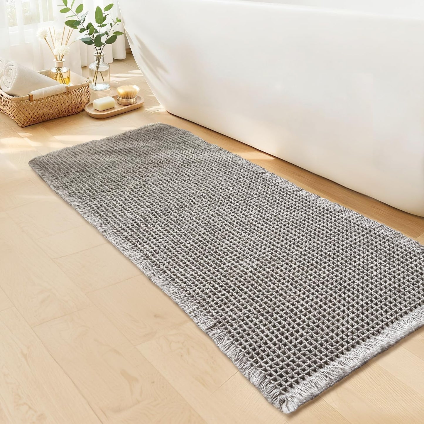 Waffle Bath Mat - Boho Bathroom Rugs Non Slip Washable, Super Absorbent & Quick Dry, Soft Bath Mat Farmhouse Bathroom Decor, 24'' x 48'', Light Grey