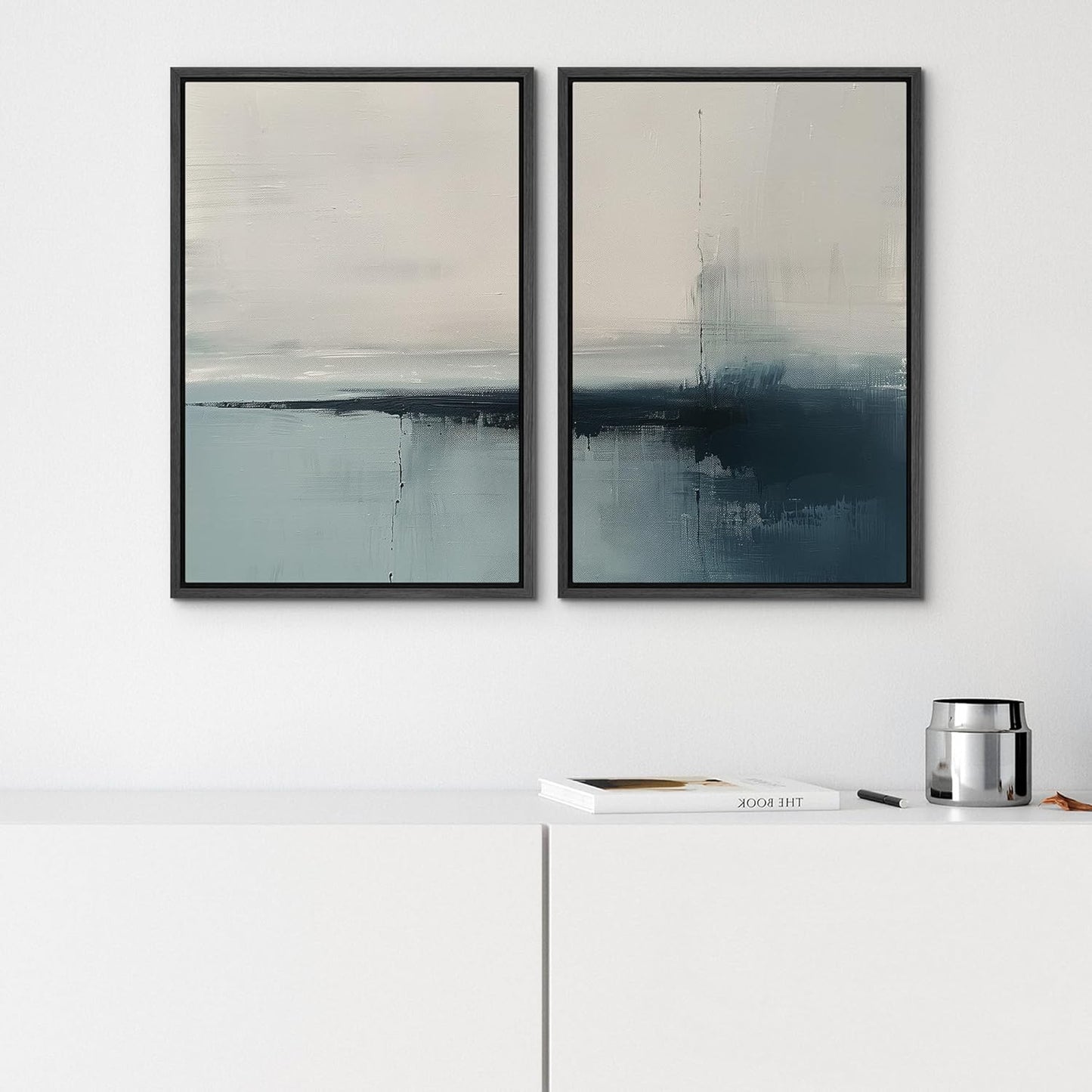 SIGNWIN Framed Canvas Print Wall Art Modern Blue Ocean-Inspired Coastal Abstract Serene Neutral Tones with Subtle Patterns Illustrations Decorative for Living Room, Bedroom, Office - 24"x36"x2 Black