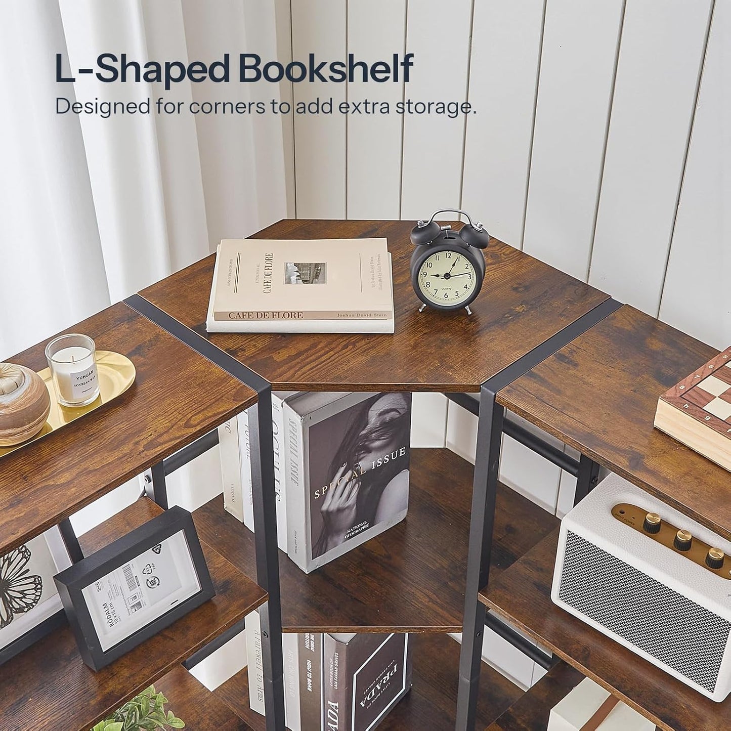 HOOBRO Industrial Corner Bookshelf, 5-Tier L-Shaped Bookcase, Open Display Storage Rack, Floor Standing Storage Shelf, for Living Room, Bedroom, Home Office, Rustic Brown and Black BF68SJ01