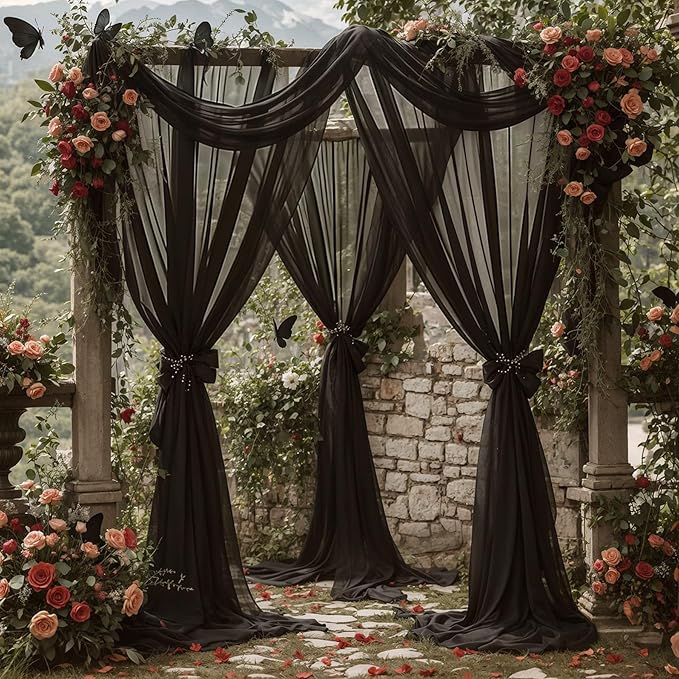 Wedding Arch Draping Fabric, 2 Panels 18FT Black Sheer Backdrop Curtain Chiffon Fabric Drapery Voile Scarf Draping Panels for Wedding Archway Ceremony Curtain Valance Party Decoration