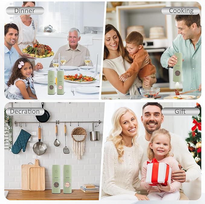 Electric Salt and Pepper Grinder Set, Rechargeable,Adjustable Coarseness with LED Light, Electric Salt Shakers Refillable, Christmas Gift(2 Packs, Sage Green)