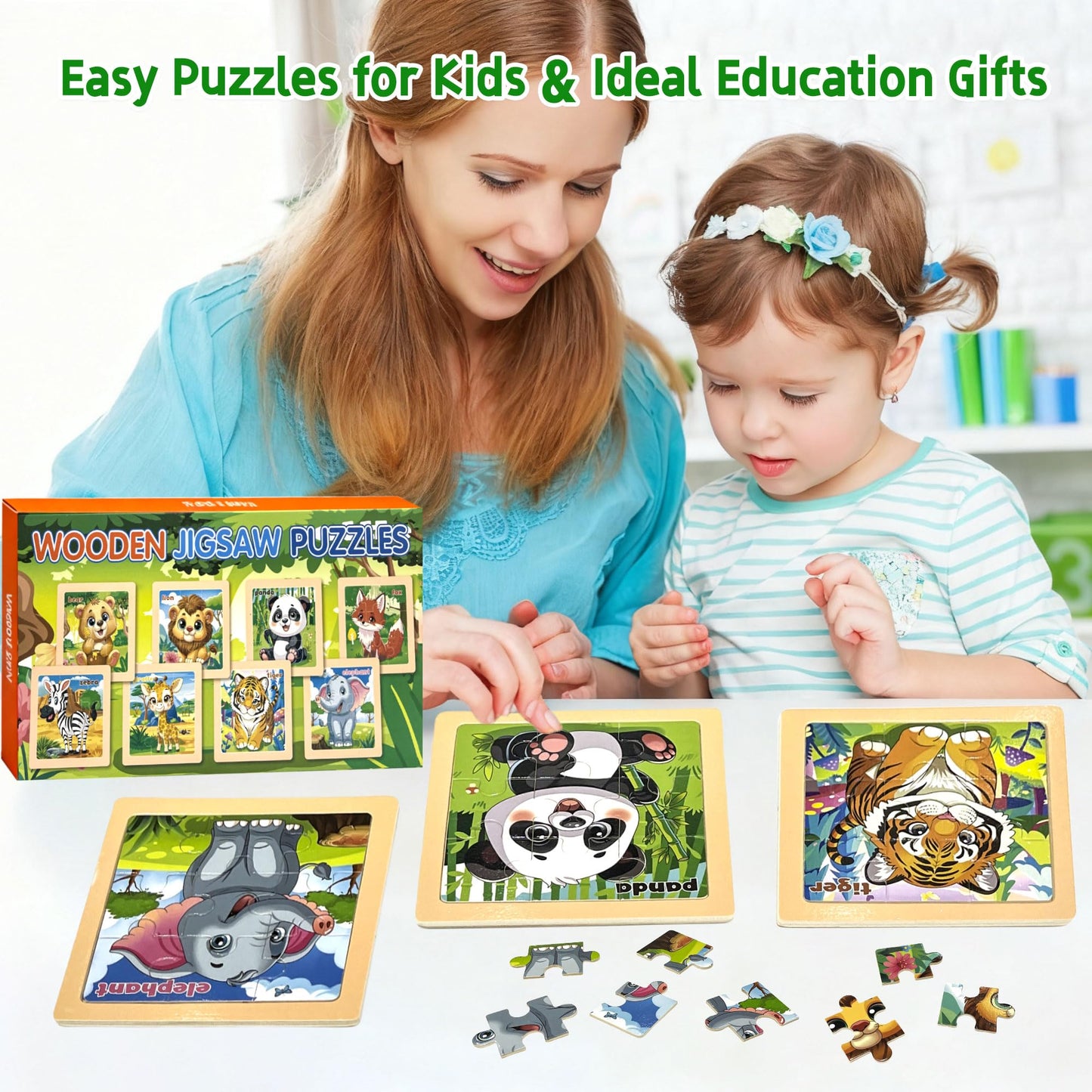Wooden Animals Puzzles for Toddlers 2-4, 8 Pack 9 PCS Jigsaw Puzzles for Kids 2-4, Wooden Puzzles for Toddlers 3-5, Animal Puzzles for Kids 3-5, Preschool Puzzles Learning Educational Sets Toys