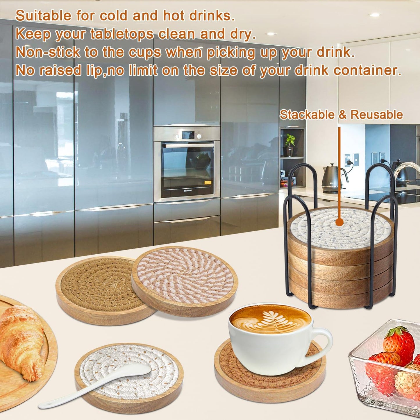 Coasters for Drinks Absorbent Sets of 8, Woven Coasters with Holder, Wood Coasters for Coffee Table, Housewarming Gift for Farmhouse Home Decor, 4 inches Brown & Gray