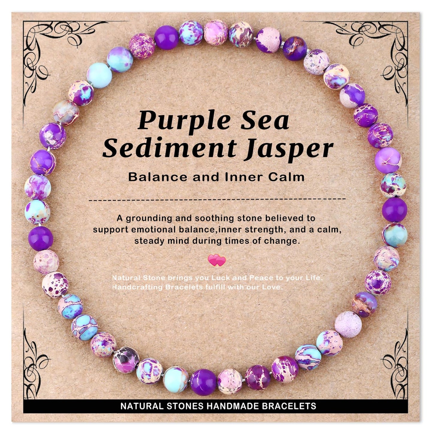 AD Beads 4mm Handmade Purple Sea Sediment Imperial Jasper Elastic Bracelet – Natural Gemstone for Joy & Positivity – Meditation, Yoga, Healing and Energy Gift for Men Women