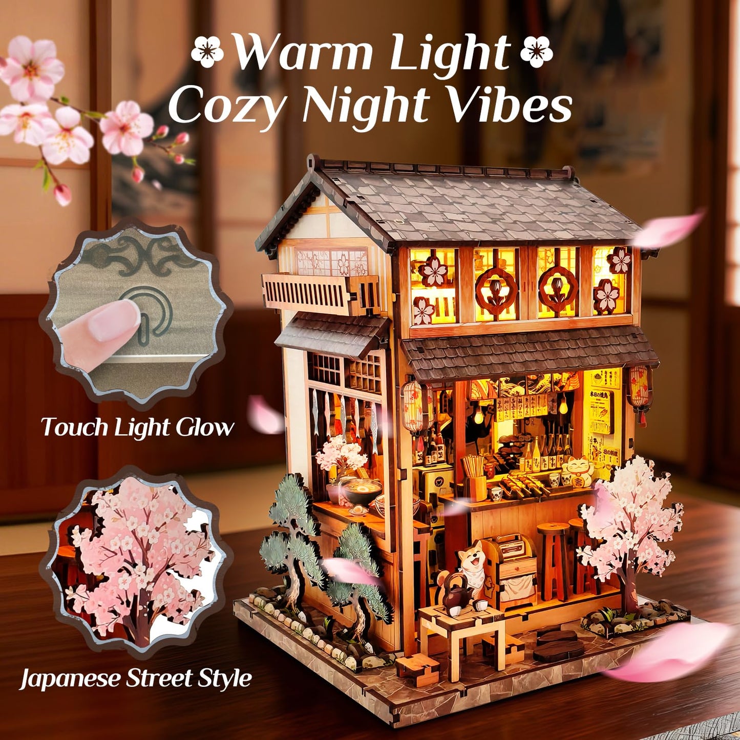 Reenovan Book Nook Kit, DIY Miniature House Kit for Adults & Teens, Japanese Street Shop Scene Bookshelf Insert Decor with LED, 3D Wooden Puzzle Gift for Book Lovers (Sakura Street Shop)