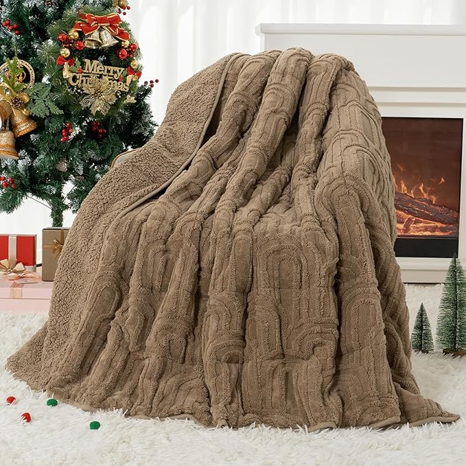 Cottonblue Jacquard Weighted Blanket for Adults 20 lbs Queen Size, Cozy Fluffy Sherpa Fleece Weighted Throw Blankets 60" x 80" for Sleep Relax, Fuzzy Warm Arch Heavy Blanket Soft for Bed Couch, Khaki