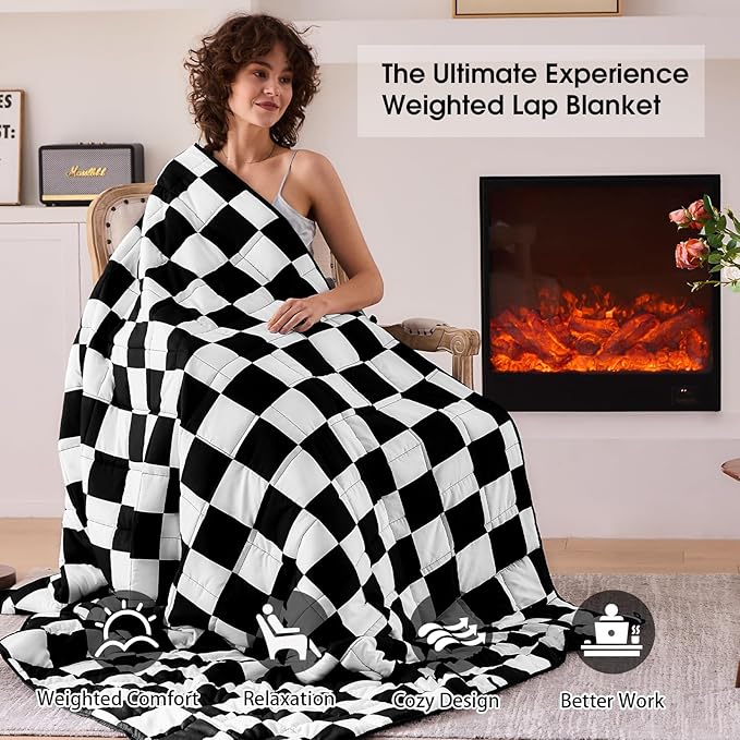 Black Checkered Weighted Blanket for Adults 15lbs, 48"x72", Twin Full Size Cooling Plaid Heavy Throw Blanket for 120-160lbs, Microfiber Soft Thick Big Blankets Weighted Comforter Gift for Sleeping