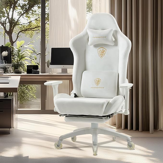 Dowinx Big and Tall Gaming Chair with Suede Fabric Breathable, Game Chairs for Adults with Oversized Thick Seat for 440lbs, Ergonomic Gamer Chair for Streaming & Long Gaming Sessions, White
