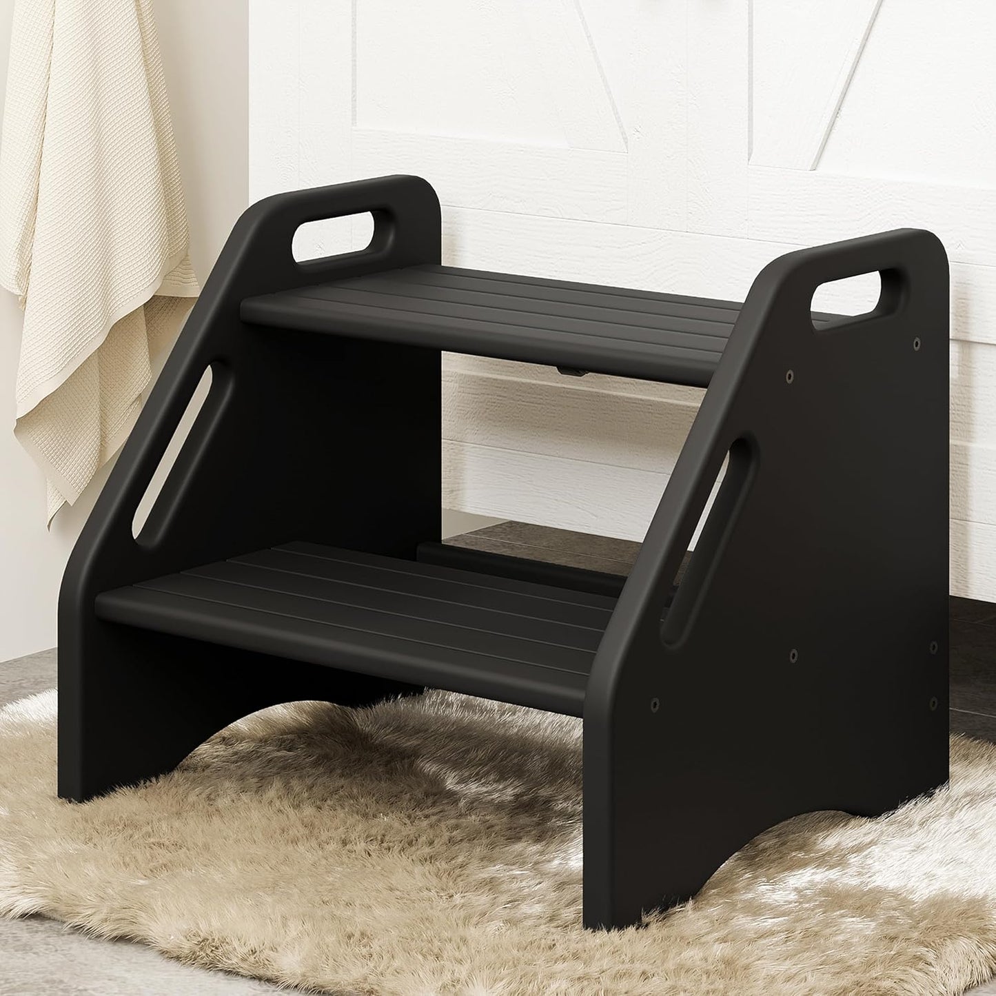 AMBIRD Wooden Step Stool, Two Step Stools 300 lbs Capacity with Safety Non-Slip Pads and Handles, Bamboo Step Stool for Bathroom, Kitchen Dual Height Step Stools for Adults (Black)